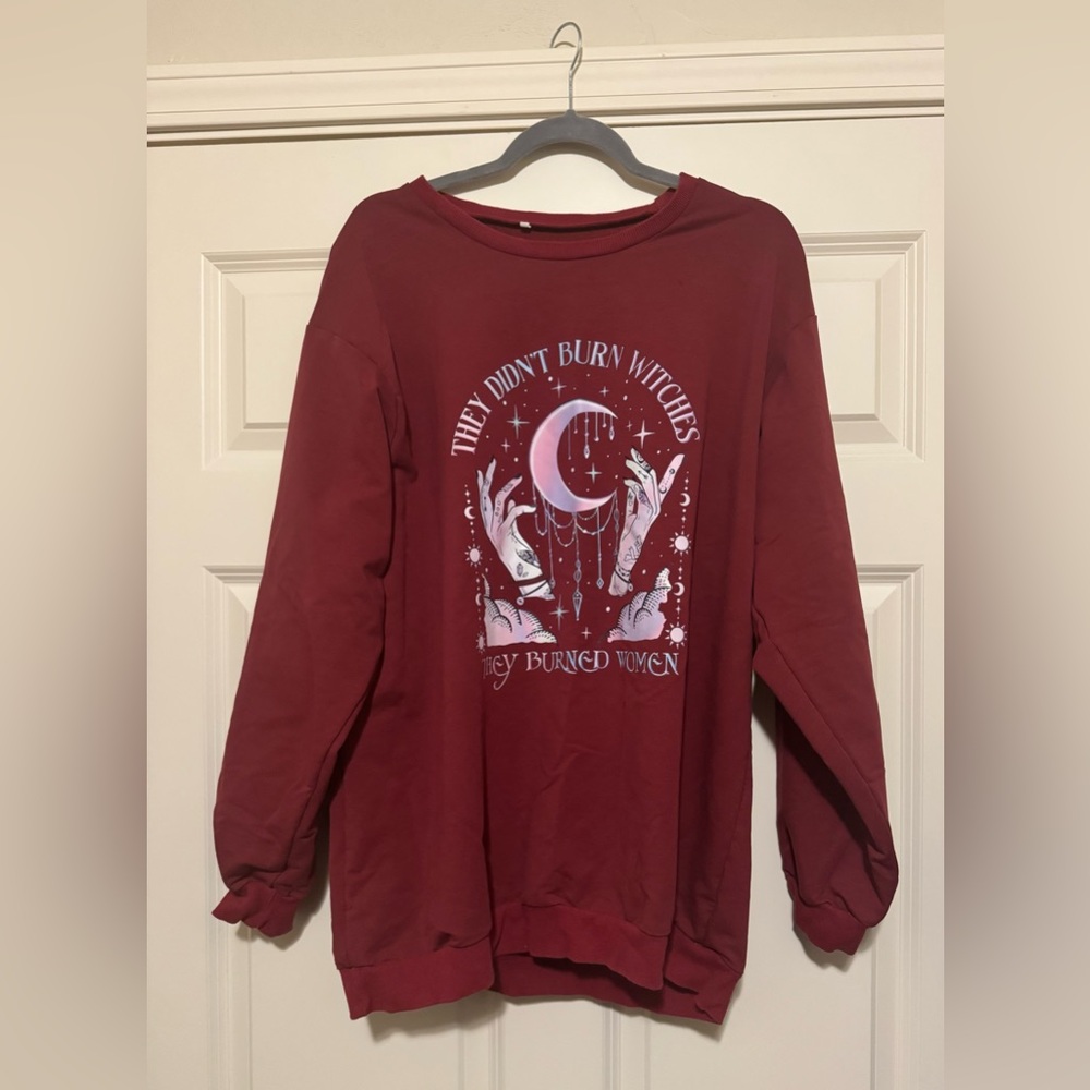 Red Graphic Sweatshirt with Moon and Hands Design